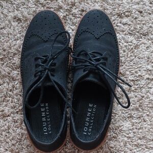 Journee Collection Black Suede Oxfords With Brown Detail